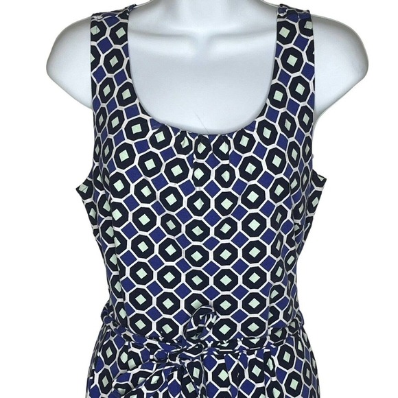 Talbots  A-Line Dress Women's Size M Stretch Knit Belted Geo Print Navy Purple - Picture 3 of 8